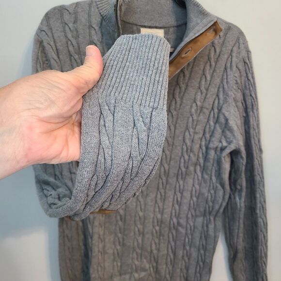 Hope & Henry Mens Cable Knit Organic Cotton Elbow Patch 1/4 Zip Sweater Academia - Picture 6 of 12